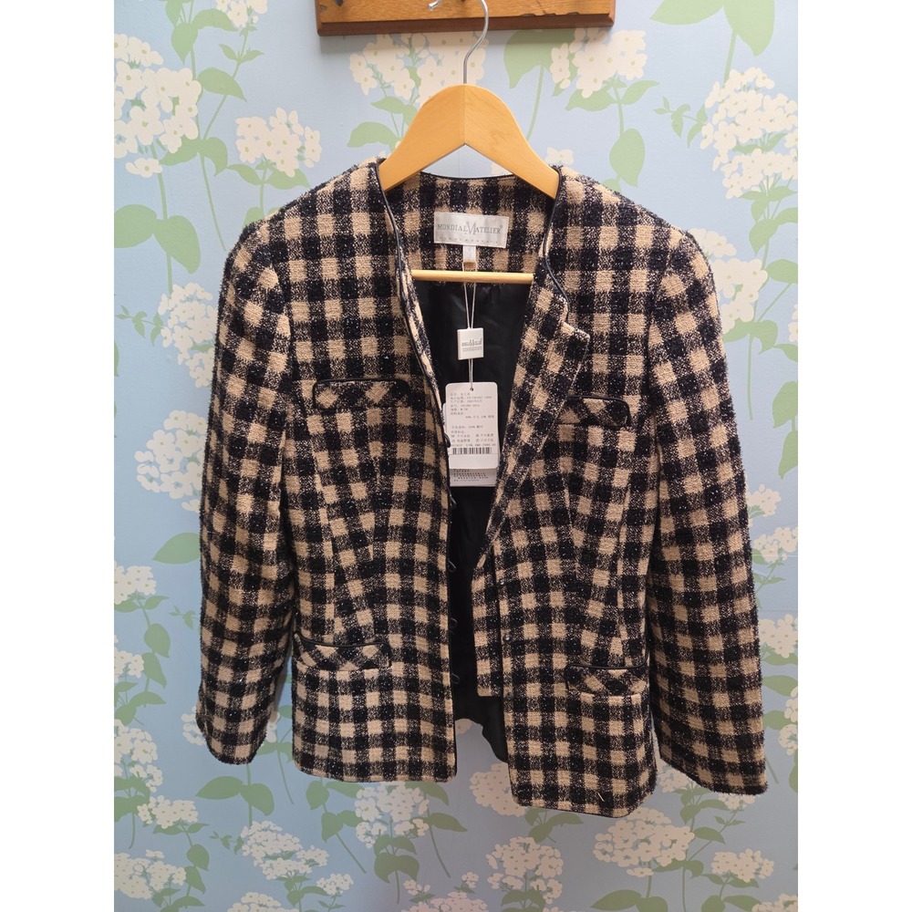 Mondial Atelier Wool Blend Plaid Tweed Blazer Jacket Tan Black Metallic NWT M